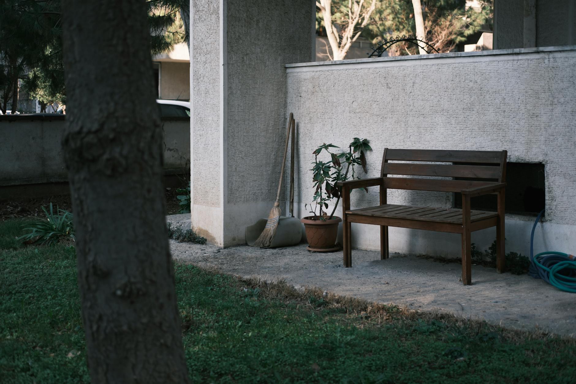 A peaceful garden scene featuring a wooden bench and potted plant next to a wall.